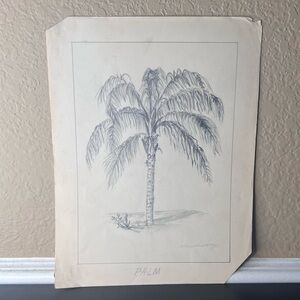 Vintage 1940s Original Palm Tree Pencil Sketch by Alice, Coastal Art